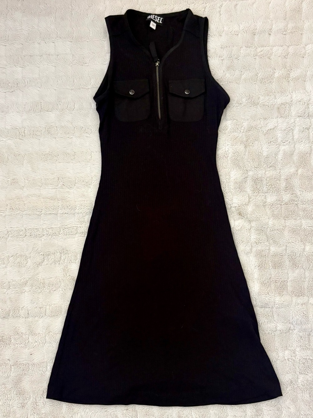 NWOT Diesel Black Sleeveless Ribbed Zip Front Midi Dress with Chest Pockets